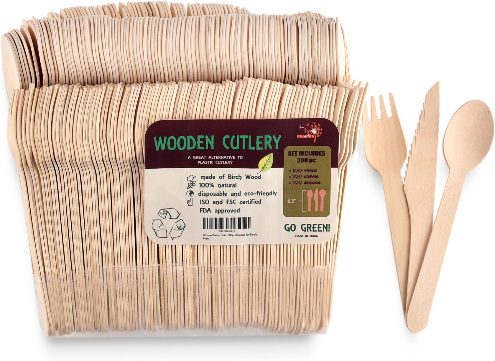 Disposable Wooden Cutlery Set | 300 pc Wooden Utensils Set - 100 Forks, 100 Knives, and 100 Spoons (Length 6.3") All Natural Compostable Biodegradable and Eco-Friendly Silverware