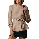 Fameetor Women Peplum Ribbed Knitted Pullover Sweaters Fall Dressy Causal Crewneck 3/4 Sleeve Jumper Tops with Belt