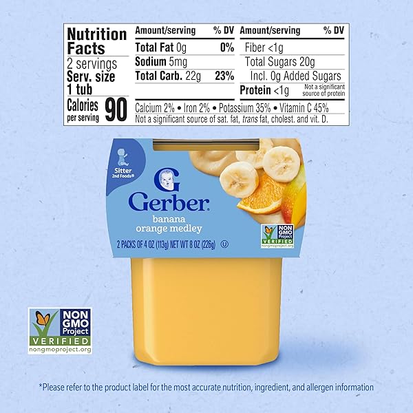 GERBER STAGE 2 BABY FOOD, BANANA ORANGE MEDLEY PUREE TUB, NO ARTIFICIAL COLORS OR FLAVORS, BABY PUREE, 2-PACK