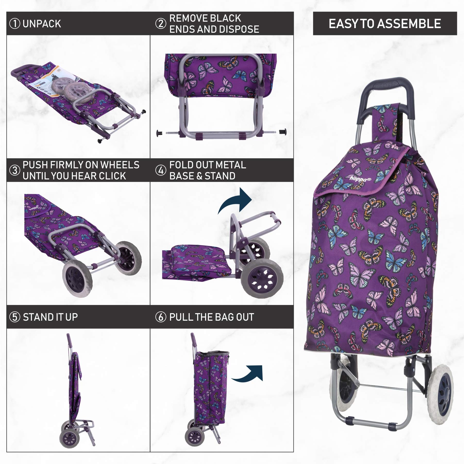 Hoppa 47l Lightweight Shopping Trolley Hard Wearing Foldaway For Easy Storage With 1 Years Guarantee Purple Butterflies Buy Online
