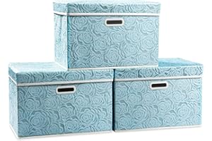PRANDOM Larger Collapsible Storage Cubes with Lids Fabric Decorative Storage Bins Boxes Organizer Containers Baskets with Cover Handles for Bedroom Closet Living Room Blue 17.7x11.8x11.8 Inch 3 Pack