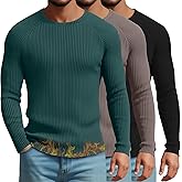 August Alley 3 Pack Men's Ribbed Thermal Long Sleeve Shirts 90% Cotton Crew Neck Pullover Tops Slim Fit Winter Undershirts