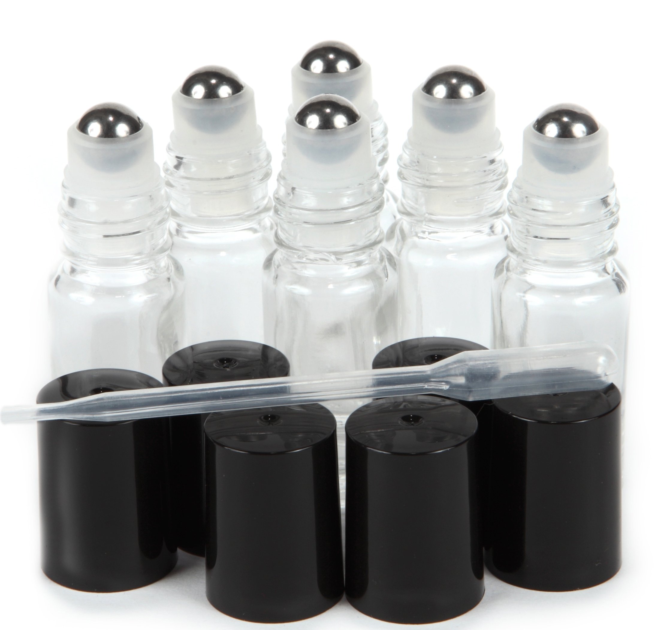 Vivaplex 6 count, clear, mini (approximately 4 ml, 1/8 fl. Oz) glass roll-on bottles with stainless steel roller balls - 0.5 ml dropper included