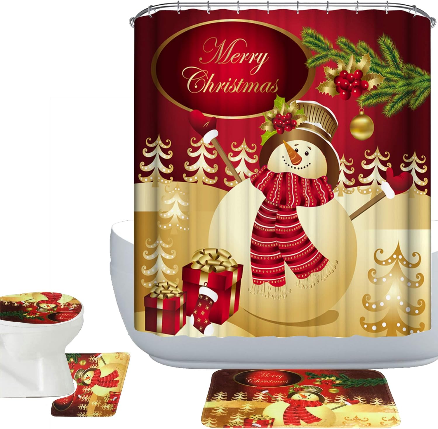 Amazon Com Amagical Merry Christmas Lovely Golden Snow Man Pattern 16 Piece Bathroom Mat Set Shower Curtain Set Bath Mat Contour Mat Toilet Cover Fabric Shower Curtian 12 Hooks Home Kitchen