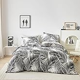 YuHeGuoJi Black White Tropical Duvet Cover Queen 100% Cotton 3 Pcs Set 1 Hawaiian Botanical Duvet Cover with Zipper Ties 2 Pillowcases Farmhouse Coastal Palm Leaves Pattern Bedding Set