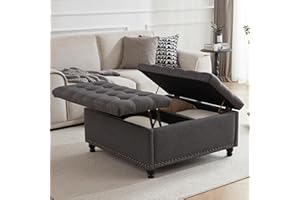 Tbfit Large Square Storage Ottoman Bench, Tufted Upholstered Coffee Table Ottoman with Storage, Oversized Storage Ottomans Toy Box for Living Room, Dark Grey