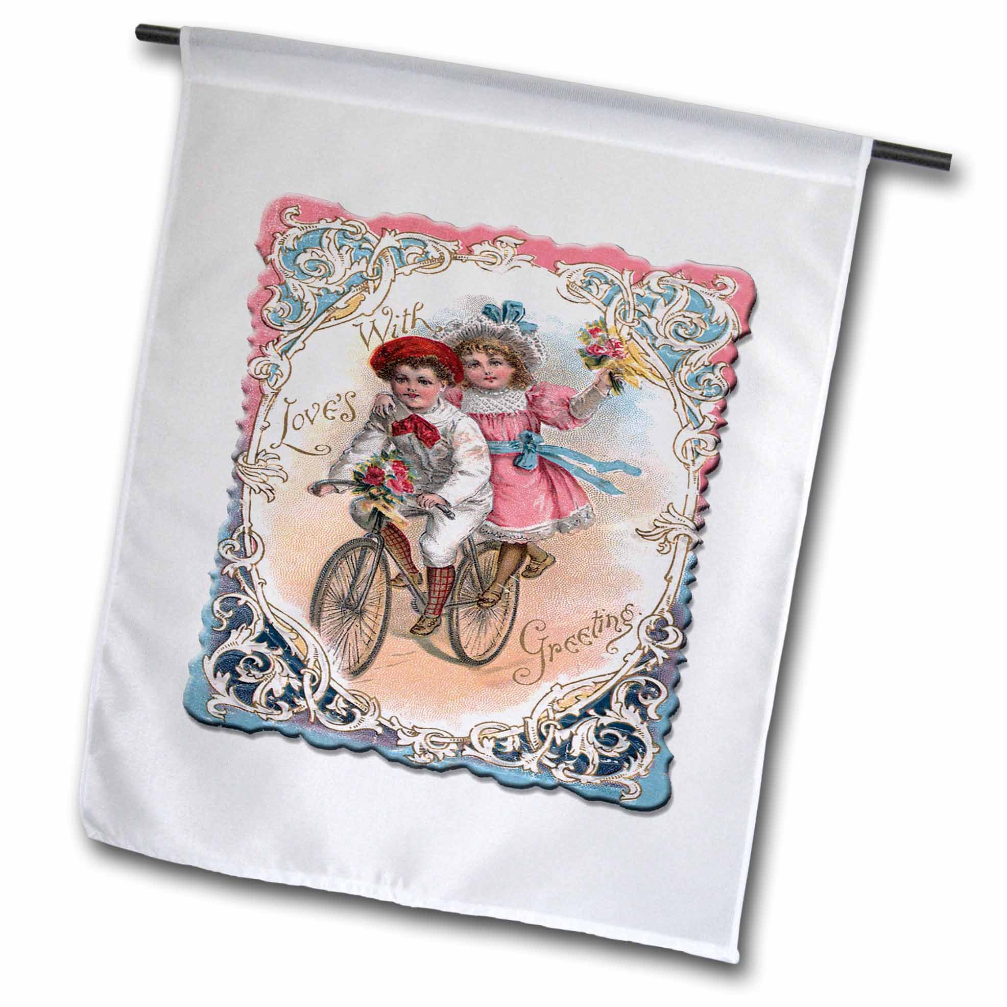 3dRose fl_170261_1 Cute Boy and Girl on a Tandem Bicycle with Ornate Victorian Frame Garden Flag, 12 by 18-Inch