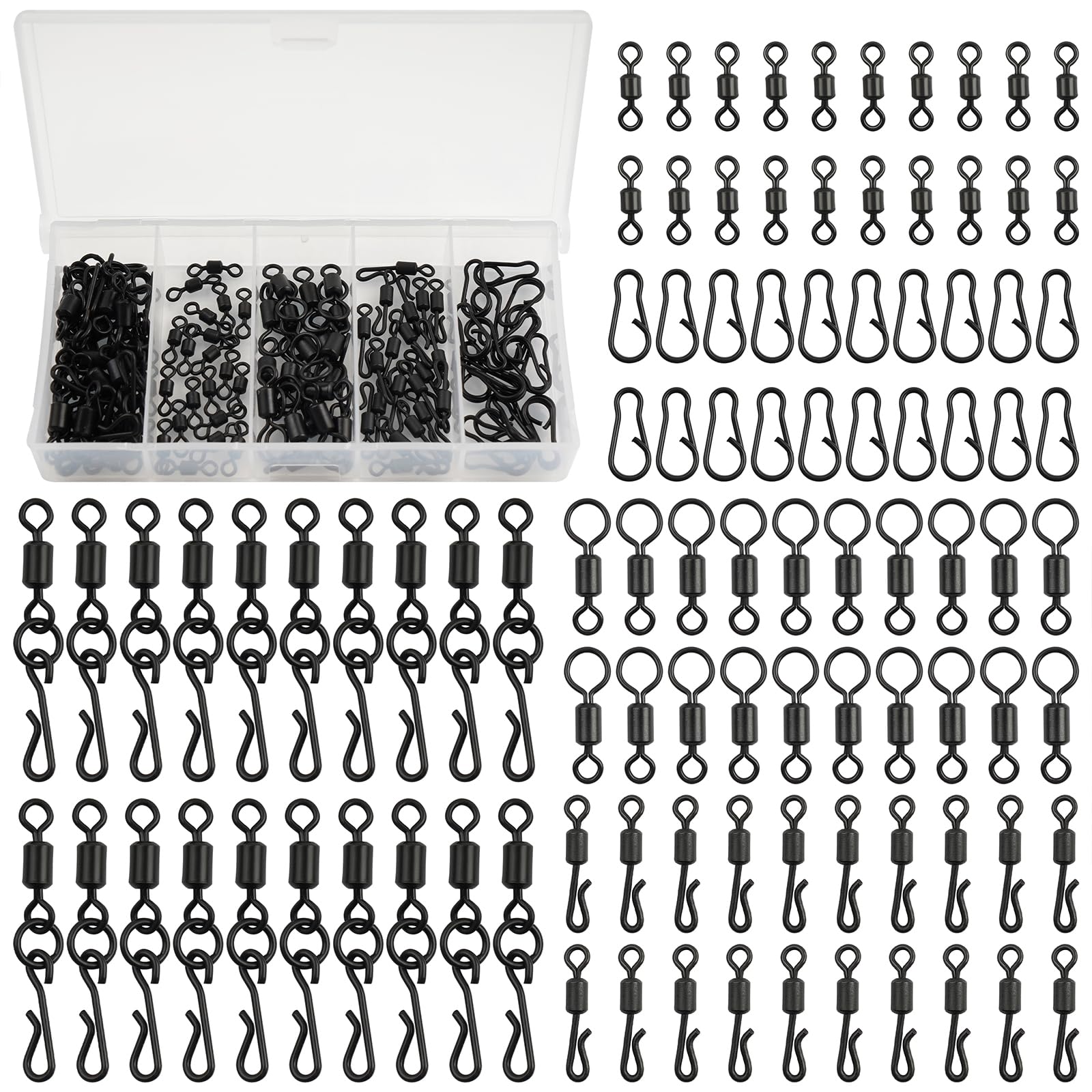 JSHANMEI Carp Fishing Swivel Snaps Kit Matte Black Quick Change Swivels Rolling Ring Swivels Clips Snaps Speed Links Terminal Carp Tackle Set (100pcs/box)