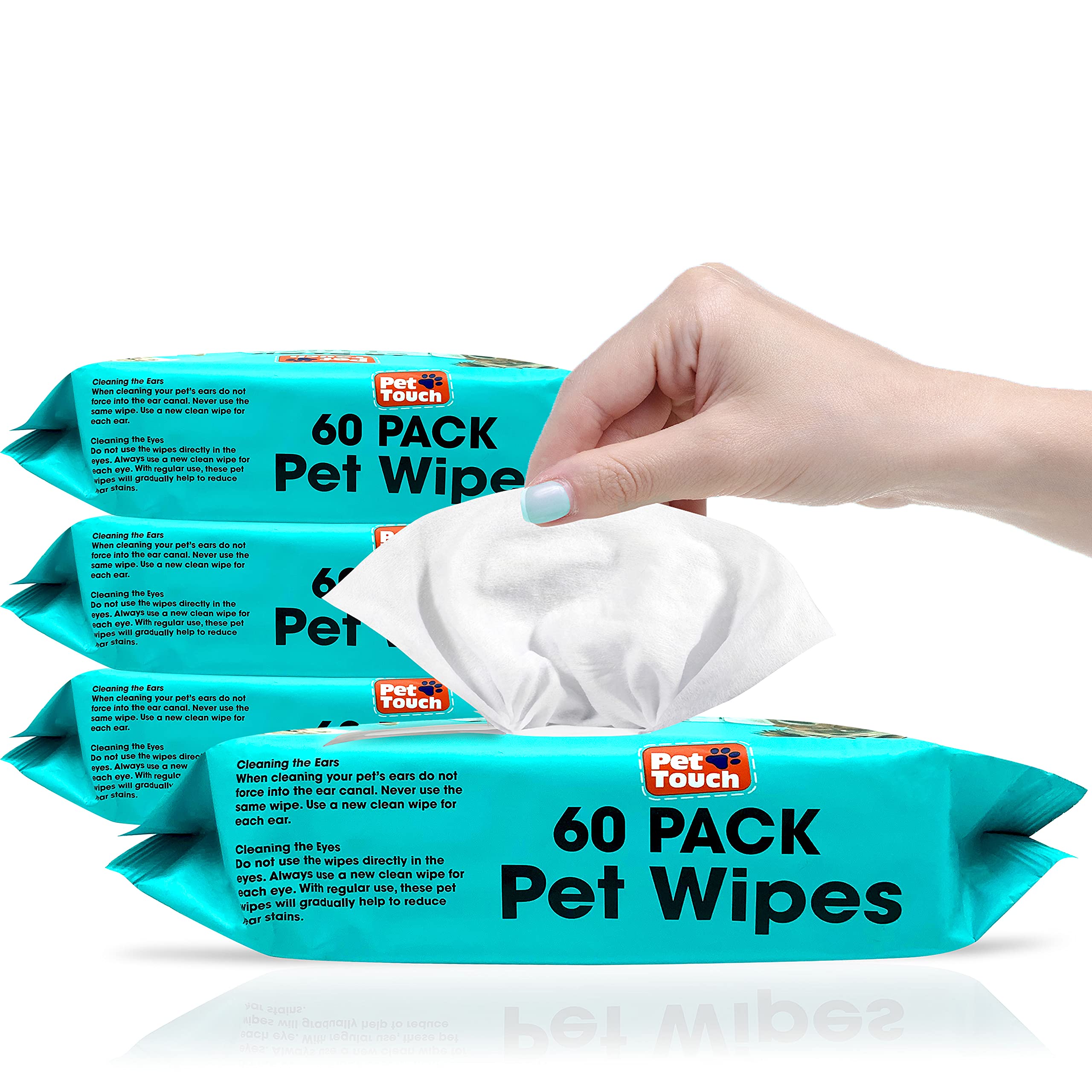 Pet Touch X 60 Pack All Purpose PET WIPES for daily Cleaning of your Dogs and Cats Deodorizing ALCOHOL FREE and WET Moist Dog Paw Cleaner & Dog Ear Cleaner Wipes Pack (240 Wipes)