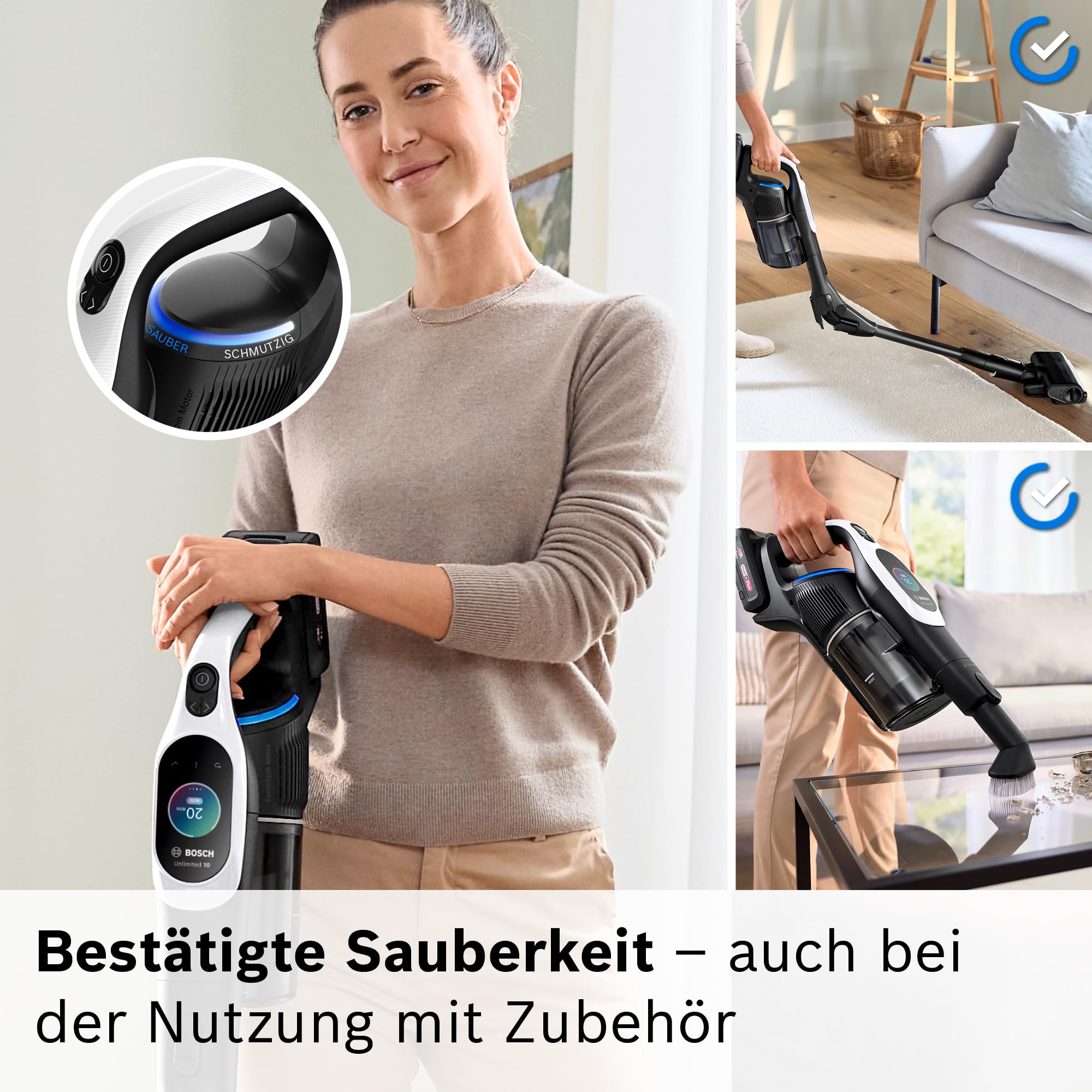 Bosch Akku-Staubsauger Unlimited 10 BTS1042WAC, kabellos, MicroClean Technology, TFT-Display, Staubkomprimierung, HEPA-Filtersystem, 10 J. Motorgarantie, 4 Ah Akku, LED-Licht, Schnellladegerät, weiß 9