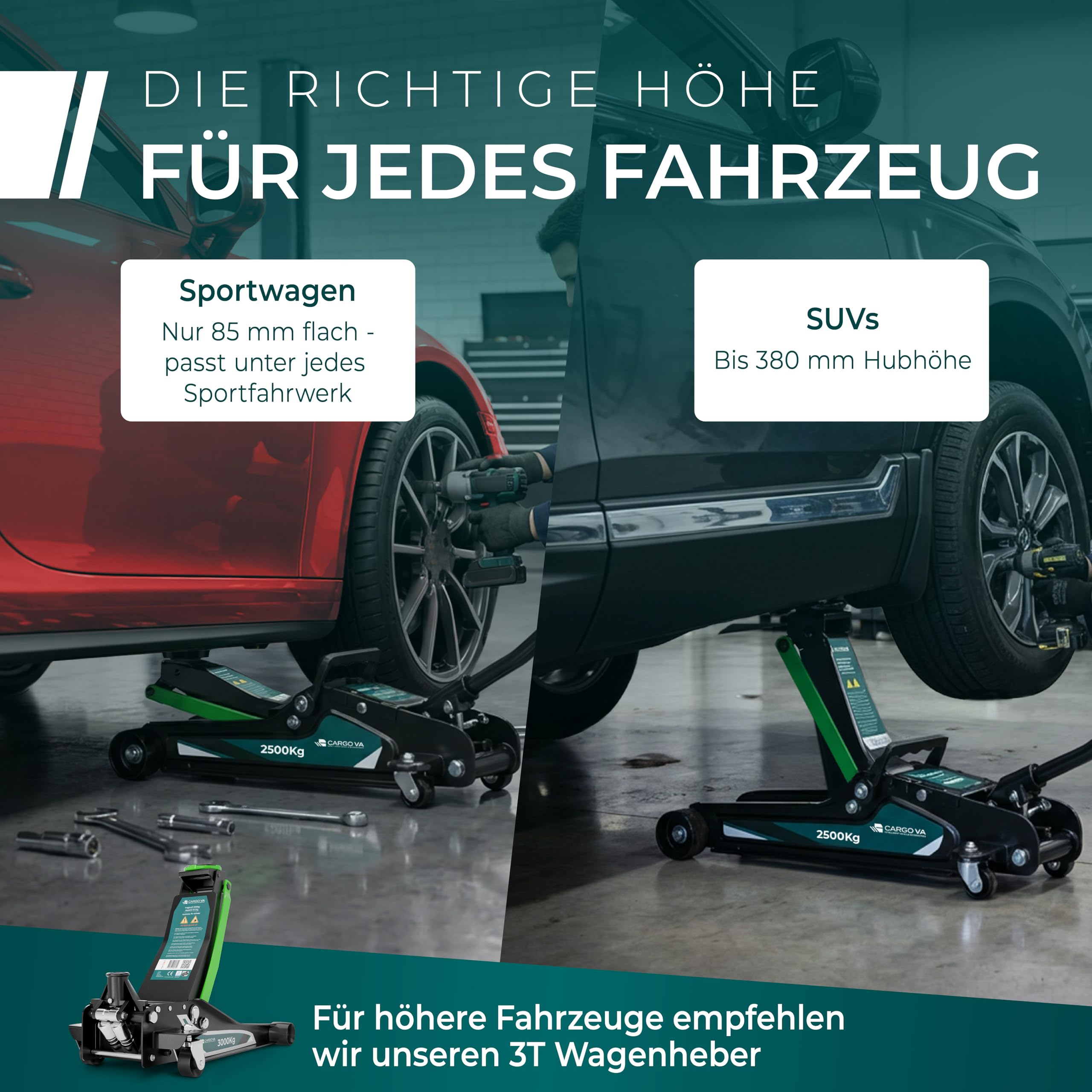 Wagenheber hydraulisch 2,5T – TÜV – 85-380mm Hub – flach für tiefergelegte Autos – Rangierwagenheber inkl. Gummiauflagen [Karton] 3