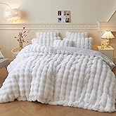 LIFEREVO Luxury Fluffy Faux Rabbit Fur Duvet Cover Set, Soft Plush Shaggy Bubble Waffle Bedding Set Home Decor, 1 Fuzzy Washable Comforter Cover + 1 Furry Pillow Sham, Zipper Closure, White, Twin Size