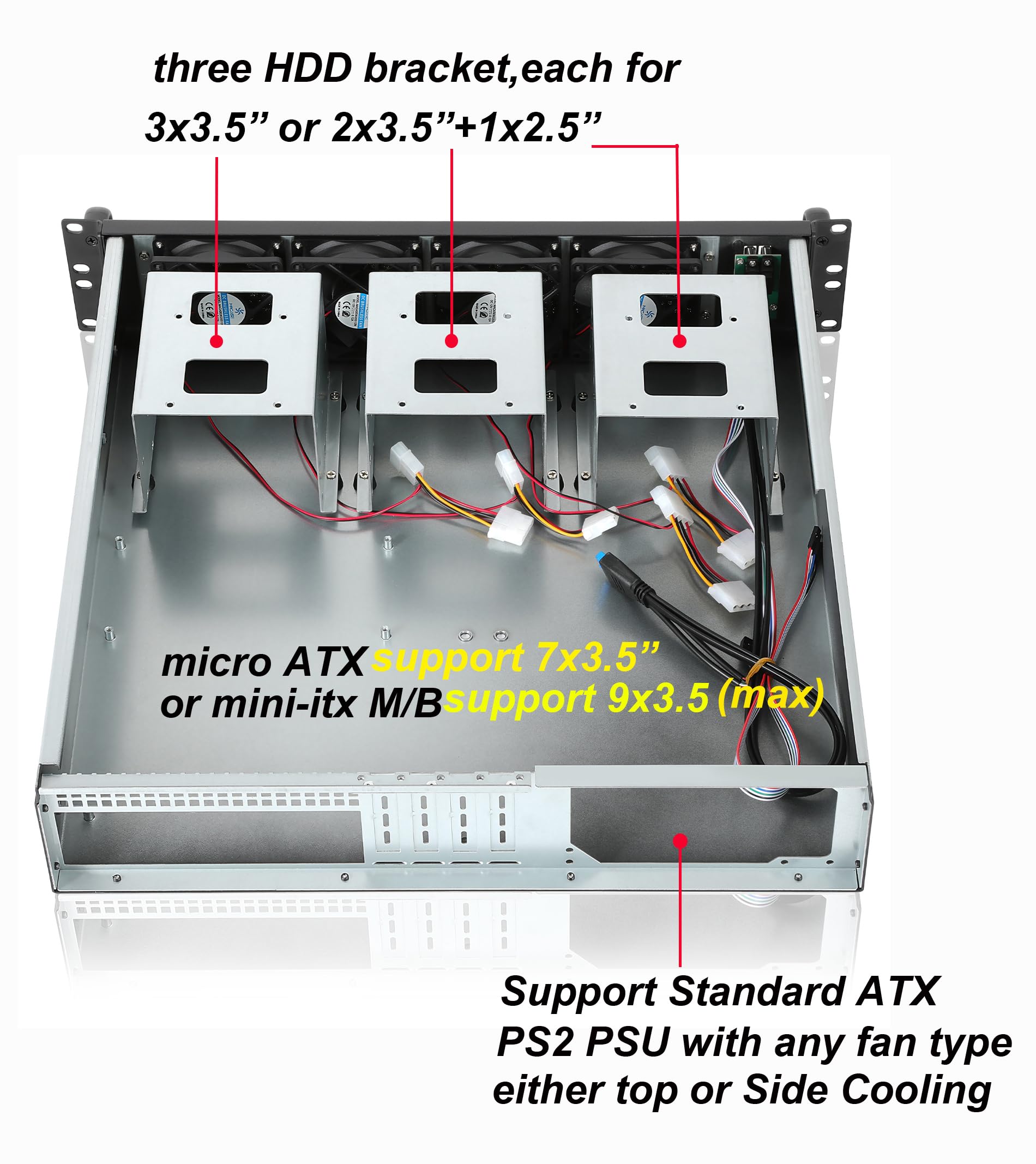 RackChoice MicroATX/Mini-ITX 2U Rackmount Server Chassis max 9x3.5 Bay / USB3.0 with 2.0 Adapter Support ATX PSU Either top or Side Cooling Depth 17.7