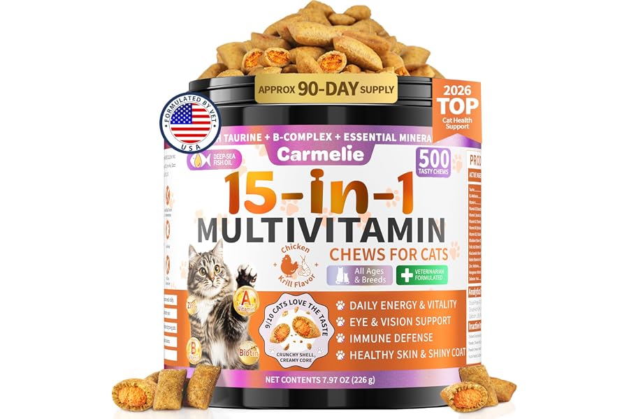 Taurine for Cats Vitamins Treats, 15 in 1 Cat Multivitamin Support Joint, Skin Coat, Digestion, Immunity & Energy, 500 Crunch