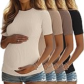 Sweetyweee 4 Pack Women's Maternity Shirts Ribbed Knit Short Sleeve Pregnancy Tops Crew Neck Tunic Tees Casual Summer Clothes