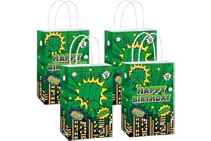 PARTY GREETING 24Pcs Green Hero Party Supplies Super Theme Party Favor Bags with Handles Cartoon Green Hero Treat Candy Goodie Bags Comic City Cityscape Gift Bag for Boys Girls Baby Shower Birthday Decorations
