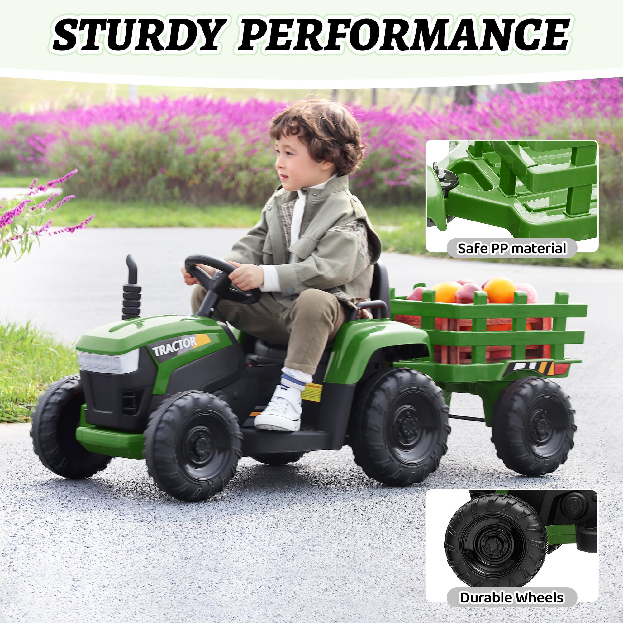 TOBBI Kids Electric Ride On Toy Tractor, 12v Battery-Powered 4 Wheels Ride On Car with Trailer, 35W Dual Motors/3-Gear-Shift/LED Lights/USB Audio Functions for Toddlers 3-6 Years-Dark Green