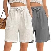Neer 2 Pack Women's Linen Bermuda Shorts High Waisted Drawstring Wide Leg Casual Beach Knee Length Shorts with Pockets
