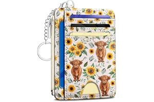 Kelvoris Highland Cow Sunflower Credit Card Holder Small Wallet Women, Slim RFID Blocking Wallet Woman Keychain with Zipper Coin Pocket, Front Pocket Thin Travel Card Case with ID Window Ladies Gifts