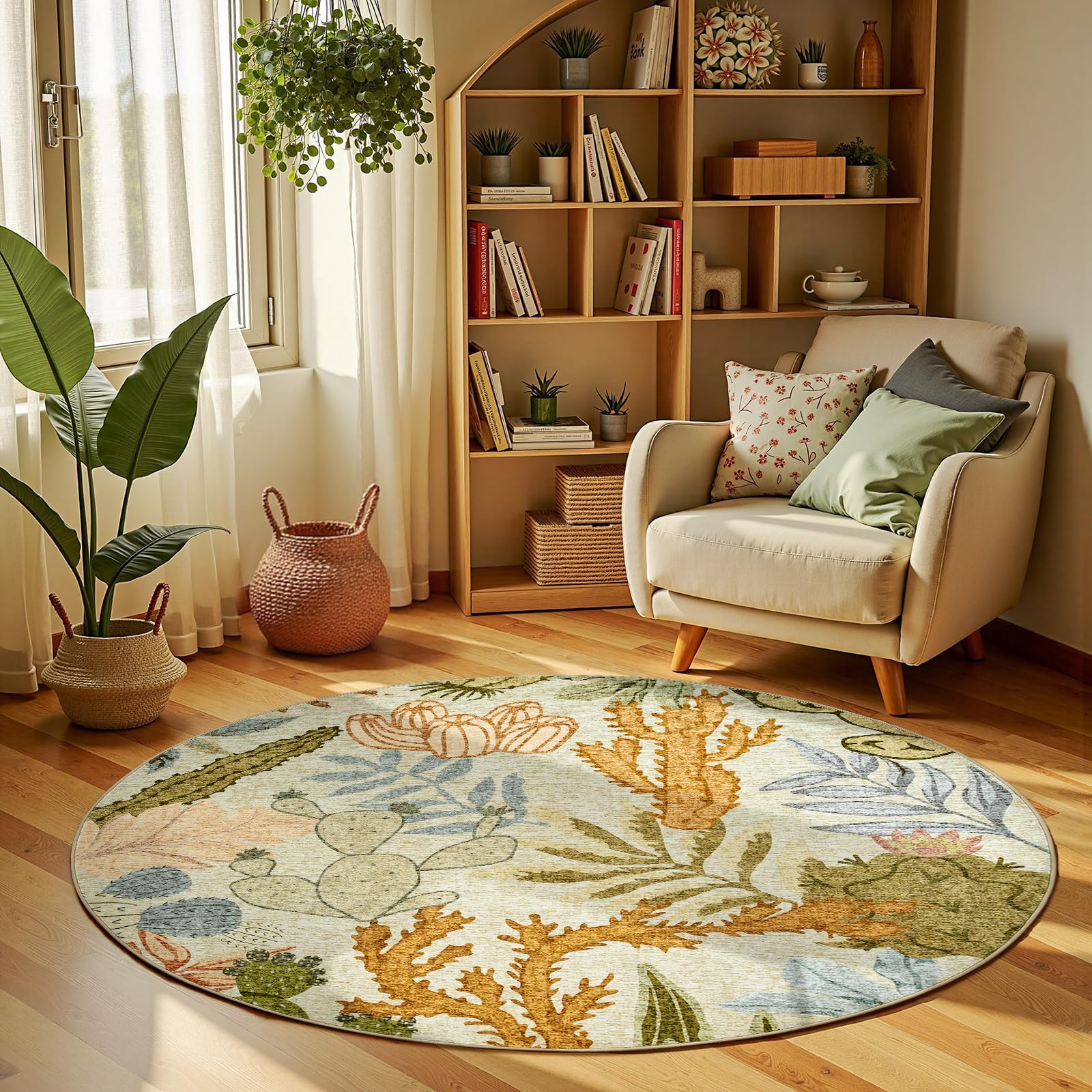 Photo 1 of jinchan Green Botanical Print Round Rug 5ft Washable Area Rugs Indoor Circle Modern Tropical Desert Cactus Soft Non-Slip Carpet for Living Room Bedroom Dining Room Playroom Entryway Home Office