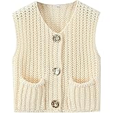 Women Crochet Knit Sweater Vest Button Up Cropped Casual Sleeveless Vest Fashion Vintage Cardigan with Pocket
