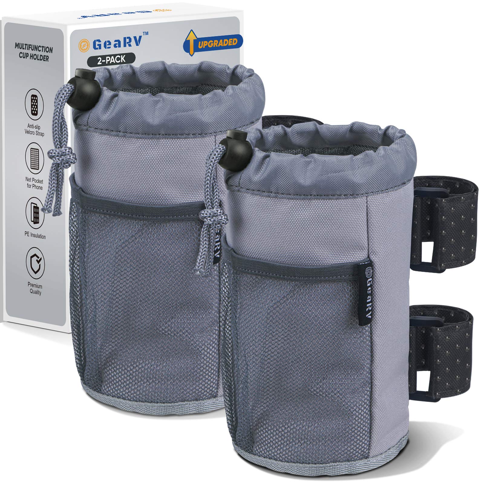 Photo 1 of GEARV 2Pack Cup Holder for Bike, Scooter and Wheelchair, Water Bottle Holder for UTV/ATV, Walker, Golf Cart and Beach, Universal Drink Holder Accessories with Net Pocket and Cord Lock (Gray)