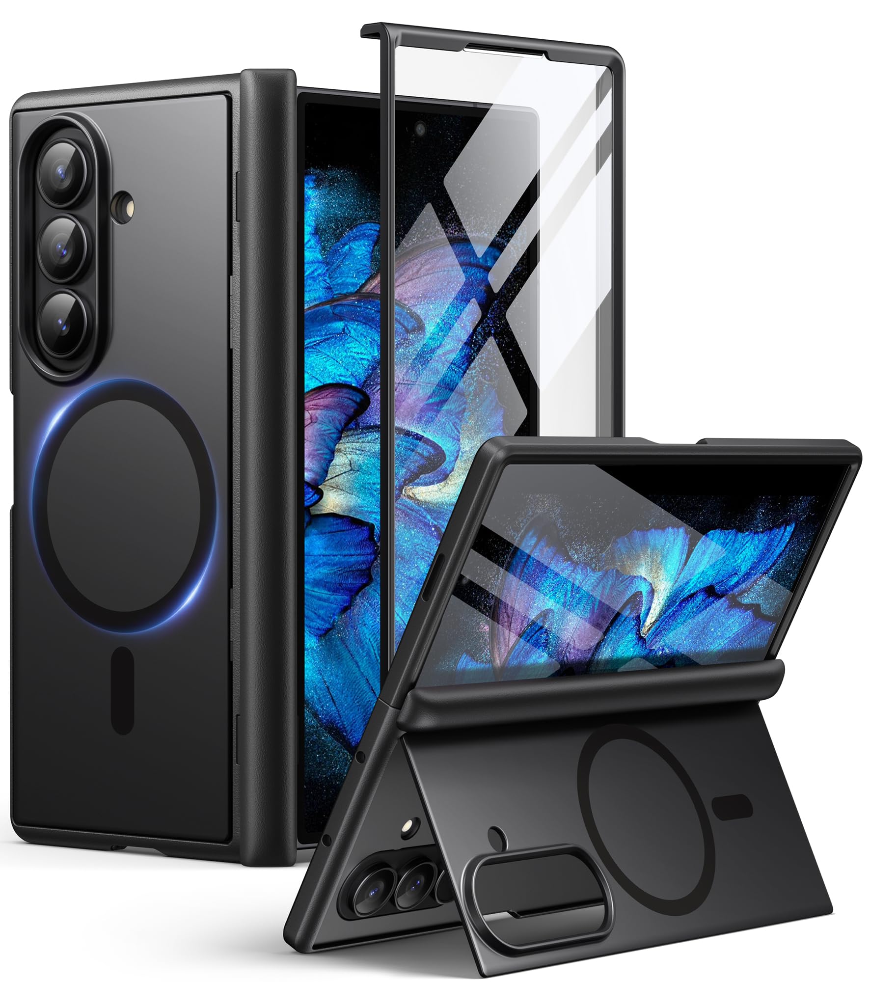 Photo 1 of BERFY for Samsung Galaxy Z Fold 7 Case with 9H Tempered Glass Screen Protector, [Compatible with MagSafe] Built-in Hidden Kickstand, Full-Body Slim Shockproof Phone Case for Z Fold 7, Black