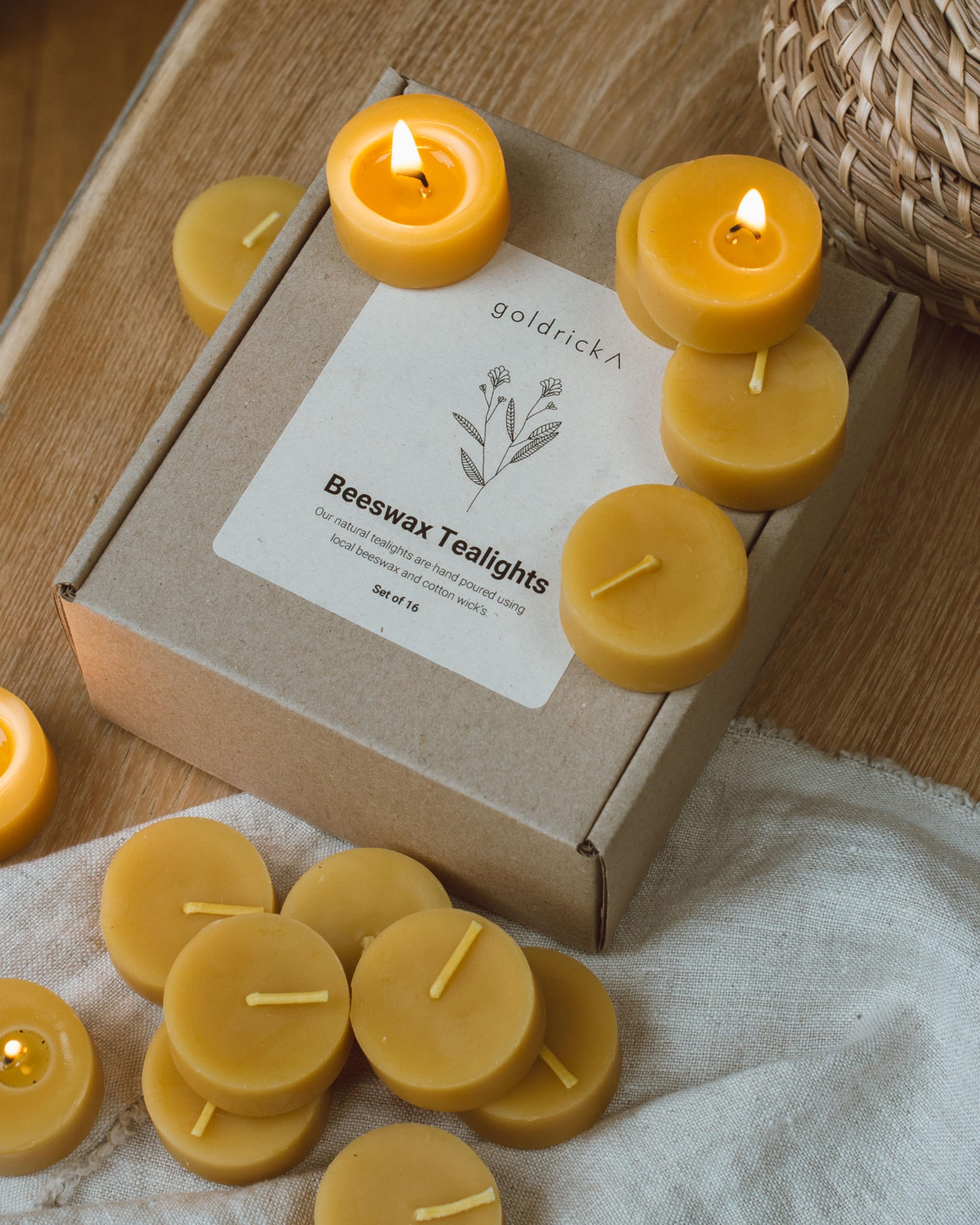 Goldrick Beeswax Tealights. (in Metal Cases) 100% Beeswax | Handmade, Natural and Pure Candles | Eco-Friendly Gift Box. (Box of 16)