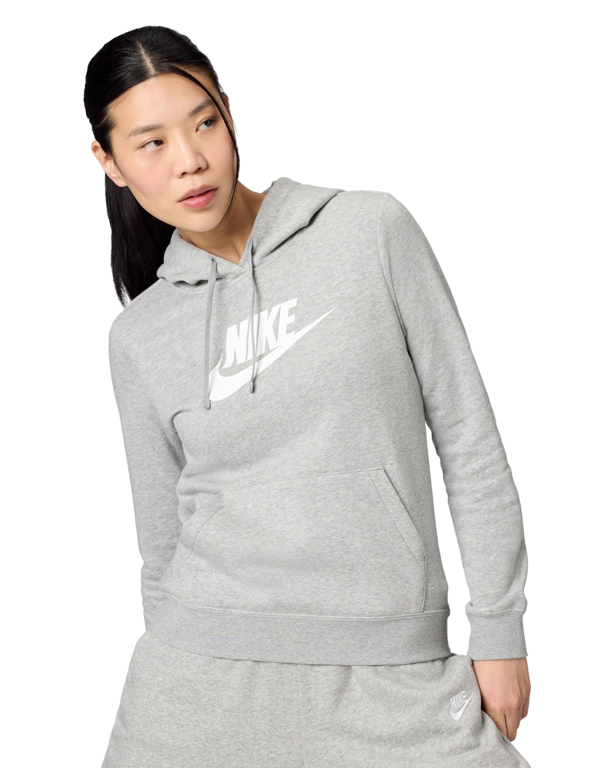 Nike Women's Sportswear Club Fleece Logo Pullover Hoodie, Dark Grey Heather/White, 2XL Image