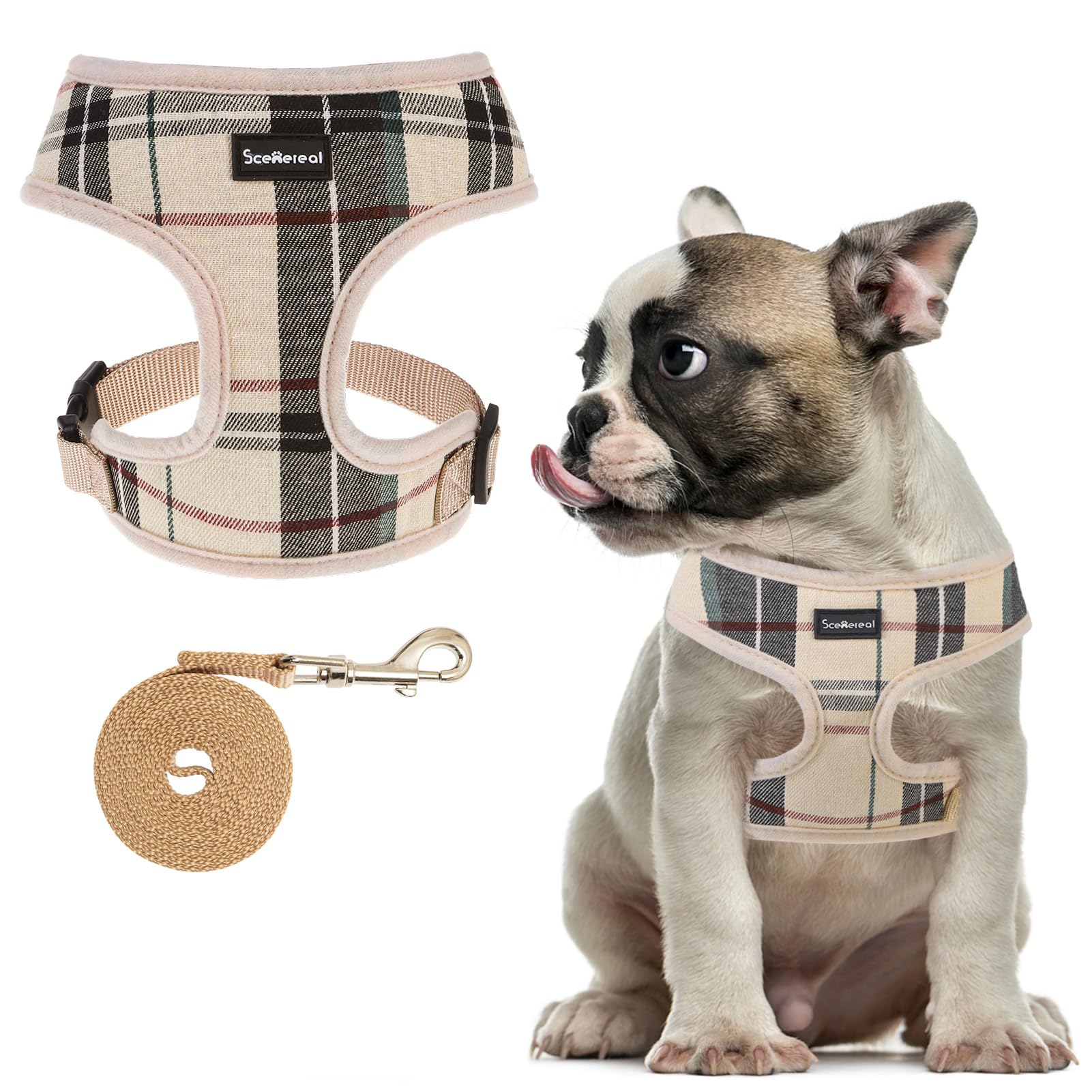 SCENEREAL Puppy Dog Harness with Leash Set for Small Medium Sized Dogs, Soft Mesh Step in Pet Harnesses and Leash, No Chock Plaid Adjustible No Pull Vest for Dogs Cats, Chihuahua,Bulldog