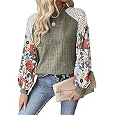 SKVON Floral Tops for Women Patchwork Long Sleeve Ribbed Blouses Crewneck Striped Crochet Print Shirts Lace Knit Sweaters