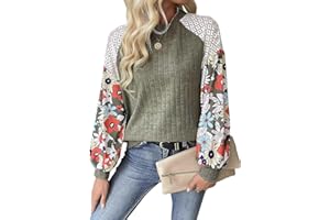 SKVON Floral Tops for Women Patchwork Long Sleeve Ribbed Blouses Crewneck Striped Crochet Print Shirts Lace Knit Sweaters