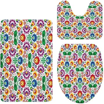 Juego de 3 alfombras de baño florales simétricos con esquema de colores