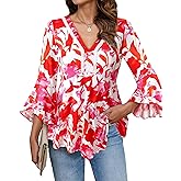 VALOLIA Women Dressy Casual Blouses 3/4 Length Ruffle Sleeve Lace V Neck Peplum Tunic Babydoll Tops 2025 Trendy