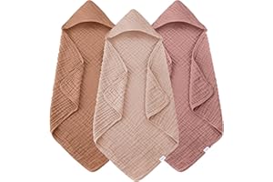 YOYOO Muslin Hooded Baby Bath Towels - 3 Pack 100% Cotton Ultra-Soft Towels for Newborns, Infants, Toddlers - 32x32 Inch - Highly Absorbent, Quick-Dry Essentials for Bath, Beach, Pool, Bean Paste Series
