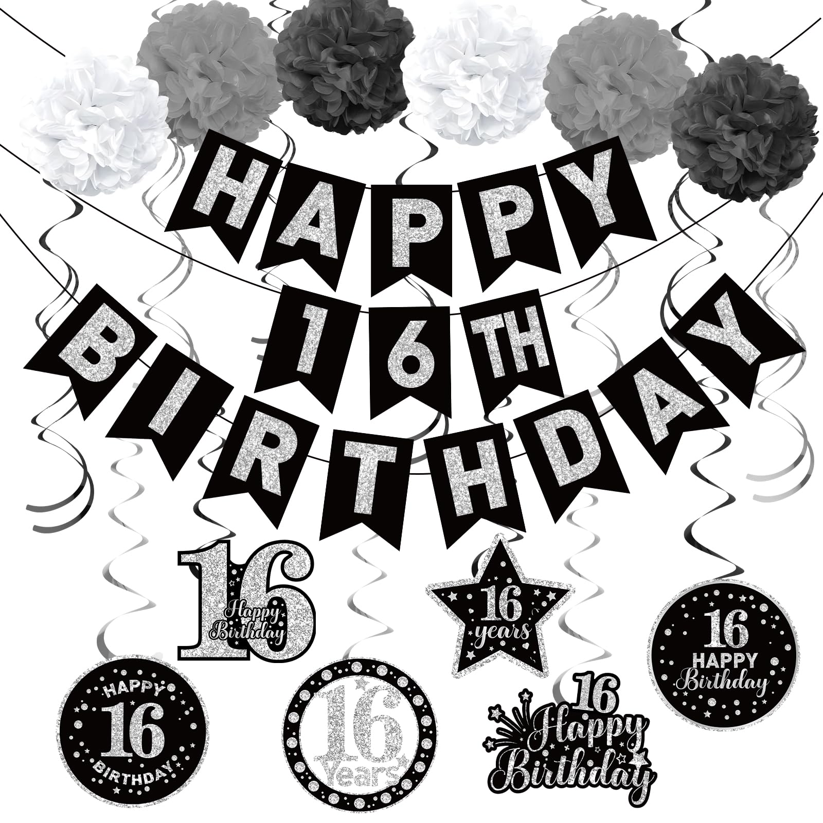 Photo 1 of 16th Birthday Decorations for Boys, Black Silver Happy 16th Birthday Banner Sparkling 16 Hanging Swirls Kit Birthday Ceiling Decorations Glittery Sixteen Year Old Bday Decor for Party Supplies