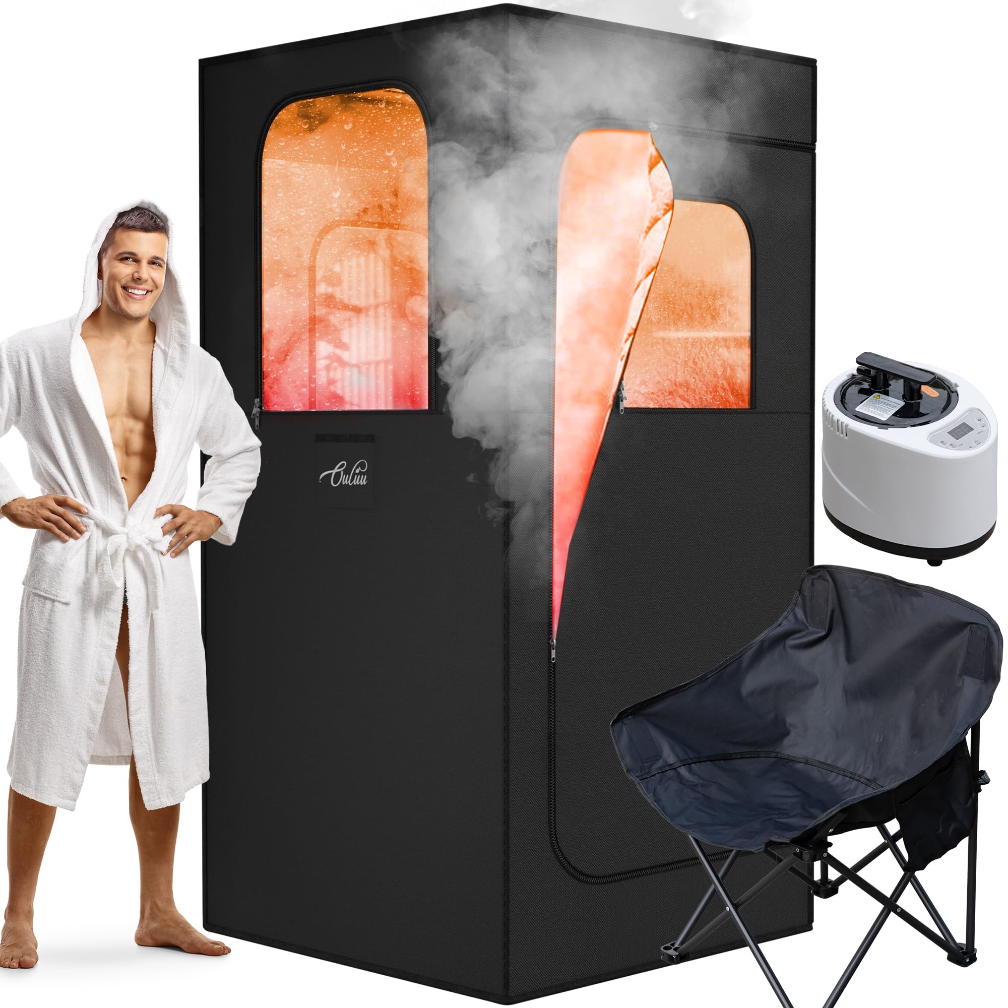 Photo 1 of ouluu Portable Sauna for Home, 2.6L Steamer Portable Steam Sauna for Home, Personal Sauna with Big Sauna Chair, Remote Control, Oxford Fabric, 2.6’ x 2.6’ x 5.9’, Black, 1000W