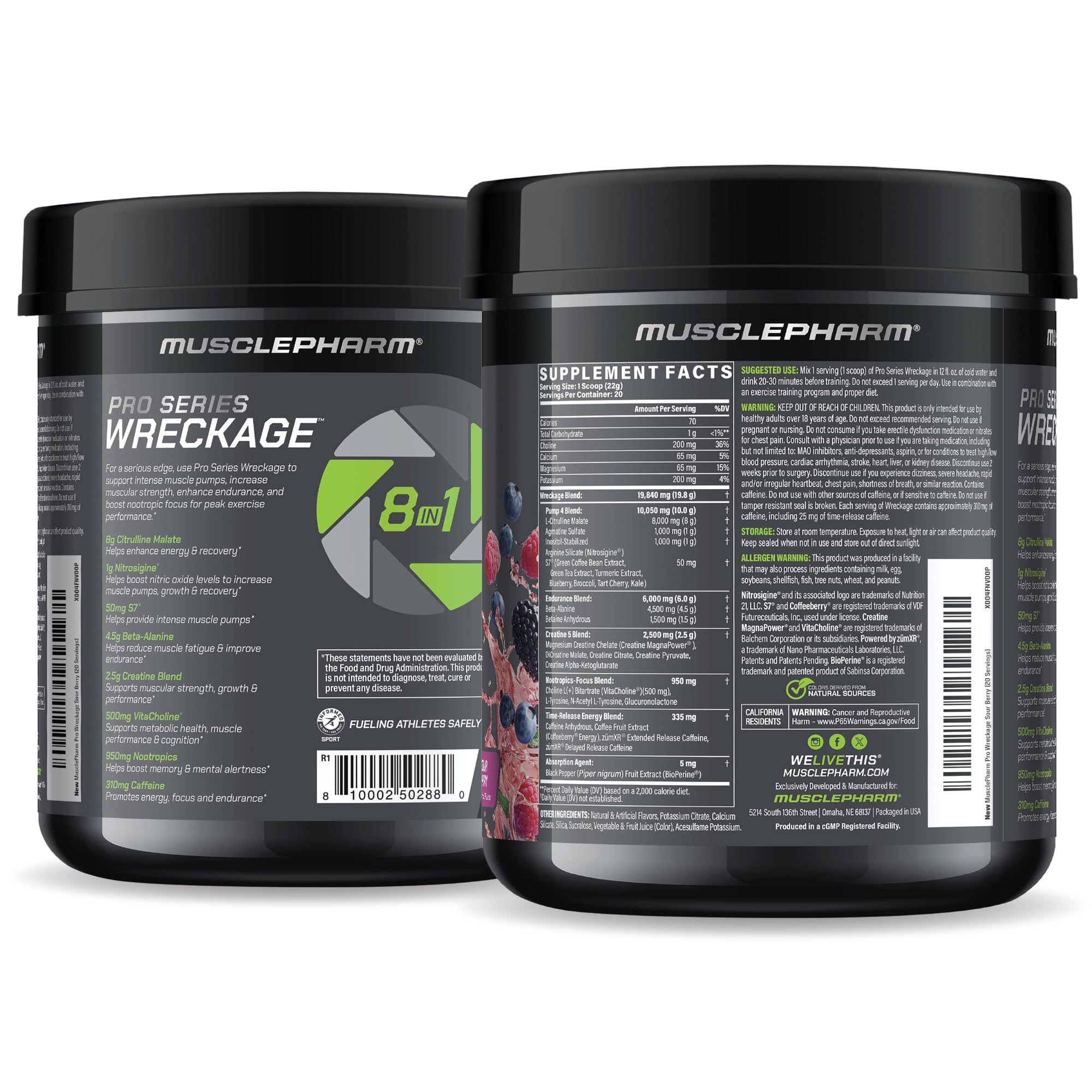 Muscle Pharm Pro Series Wreckage Pre Workout Powder | Professional Grade 8-in-1 Blend for Strength, Pump, Focus & Nitric Oxide Performance | Sour Berry, 15.5 oz, 20 Servings