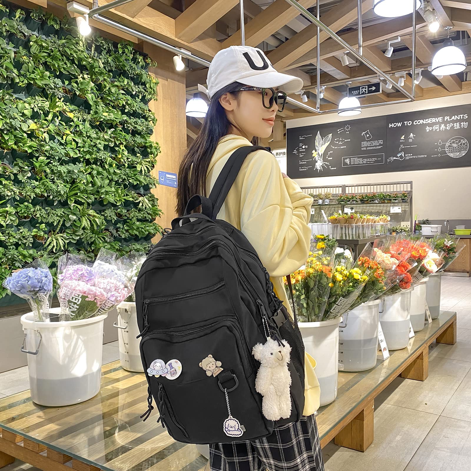 GAXOS Cute Aesthetic Backpack for School Middle Student Travel Black Backpack Teens Girls Bear Pin Book Bags