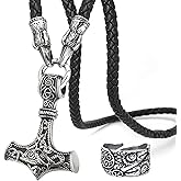 BAVIPOWER Mjolnir The Thor's Hammer Pendant with Raven Head Leather Necklace Stainless Steel Norse Scandinavian Necklace Authentic Viking Jewelry