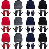 24 Pack Beanie Hats and Gloves Set, Knit Skull Caps and Winter Gloves Bulk for Men Women Warm Gift