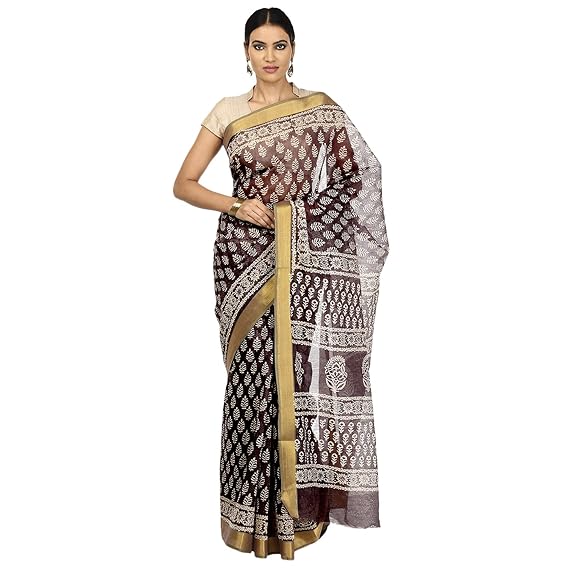 Finest Quality Cotton - Handmade Charcoal and White Booti with Golden Zari - Sanganeri Block Print Supernet Saree with Blouse Piece