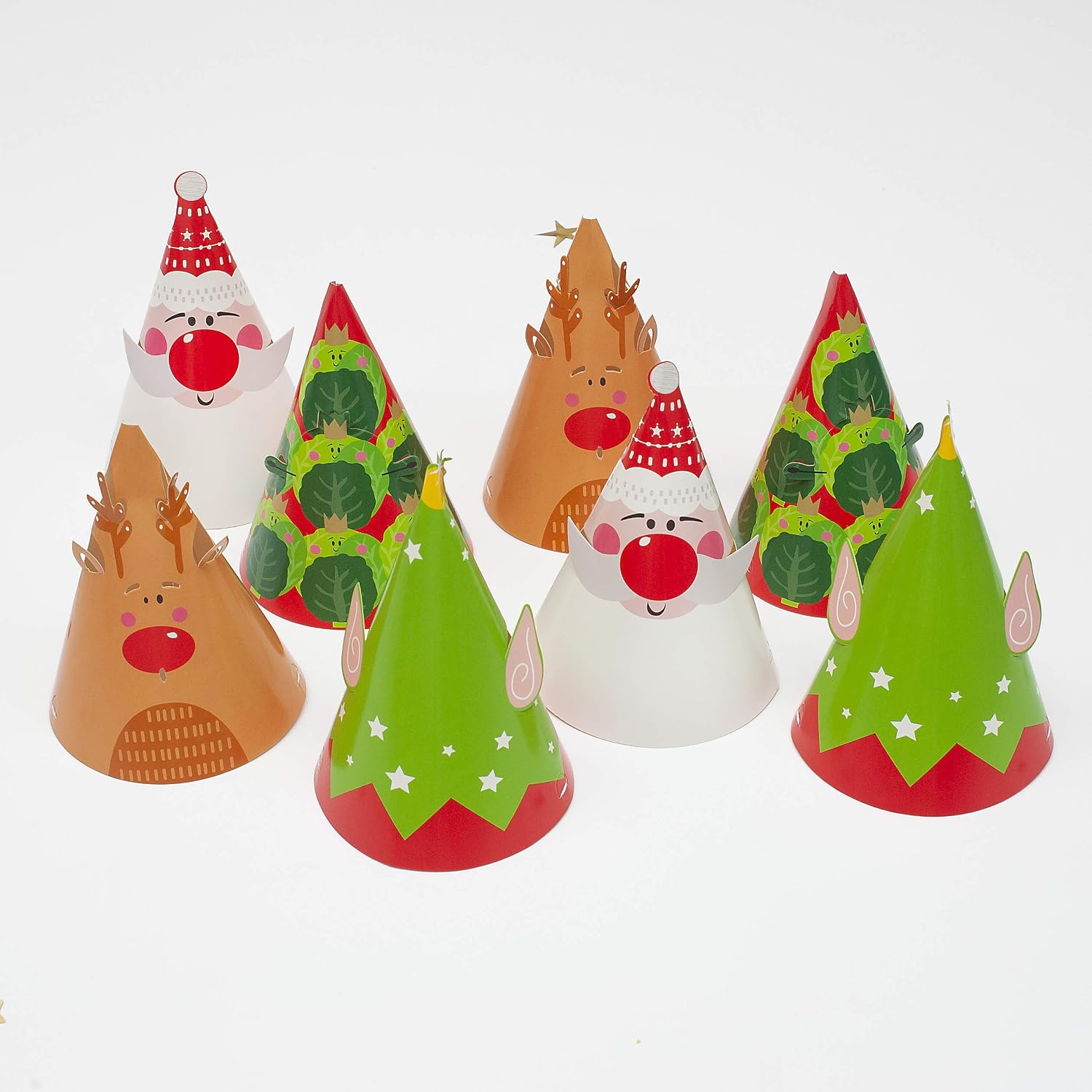 On The Wall Christmas Party Hats – Santa, Rudolph, Elf with Ears and Brussel Sprout (8 Pack)