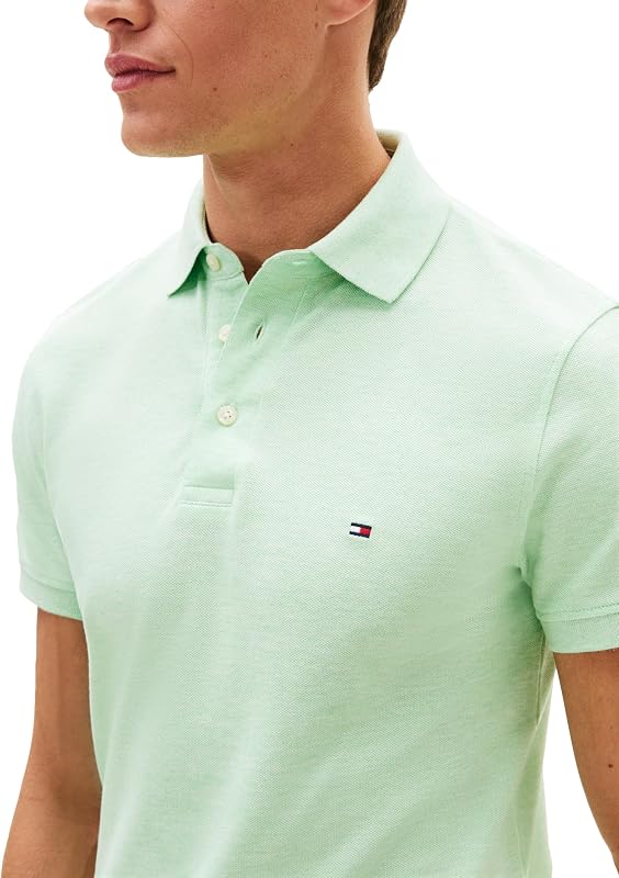 Polo à Manches Courtes pour Homme en Coton piqué Stretch et Bio Coupe ajustée, Gel chiné Menthe, Taille L