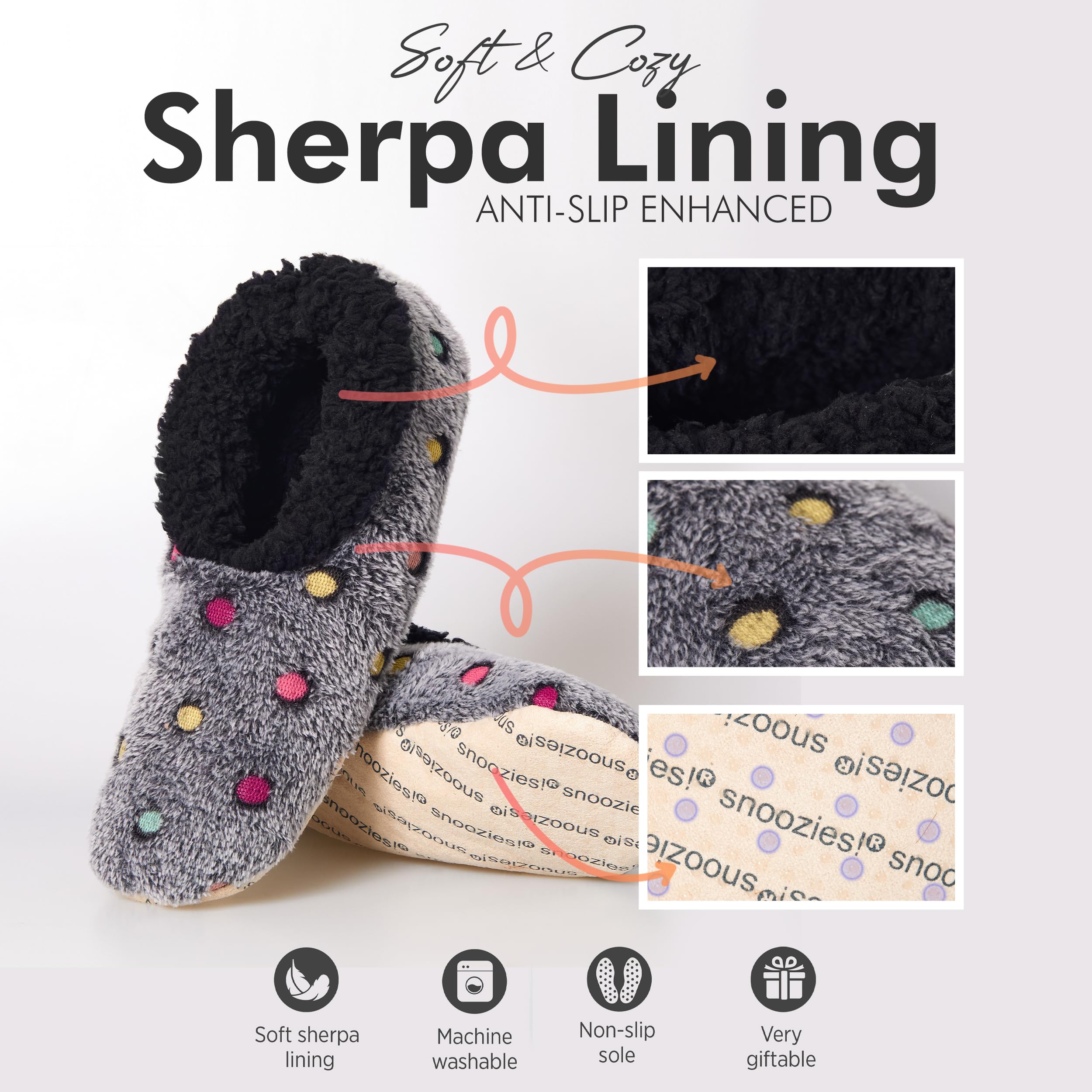 Snoozies Women's Lotsa Dots Slipper Socks, Black, Medium - Cozy Sherpa Fleece Slipper for Women