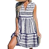 CUPSHE Women's Ruffle Beach Mini Dress Split V Neck A Line Sleeveless Geometric Stripe Tropical Leaf Pattern Summer Dresses