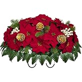 Naramiji Artificial Cemetery Flower-Grave Decorations-Headstone Flower Saddle,Christmas Poinsettia, Non-Bleed Colors,Easy Fit