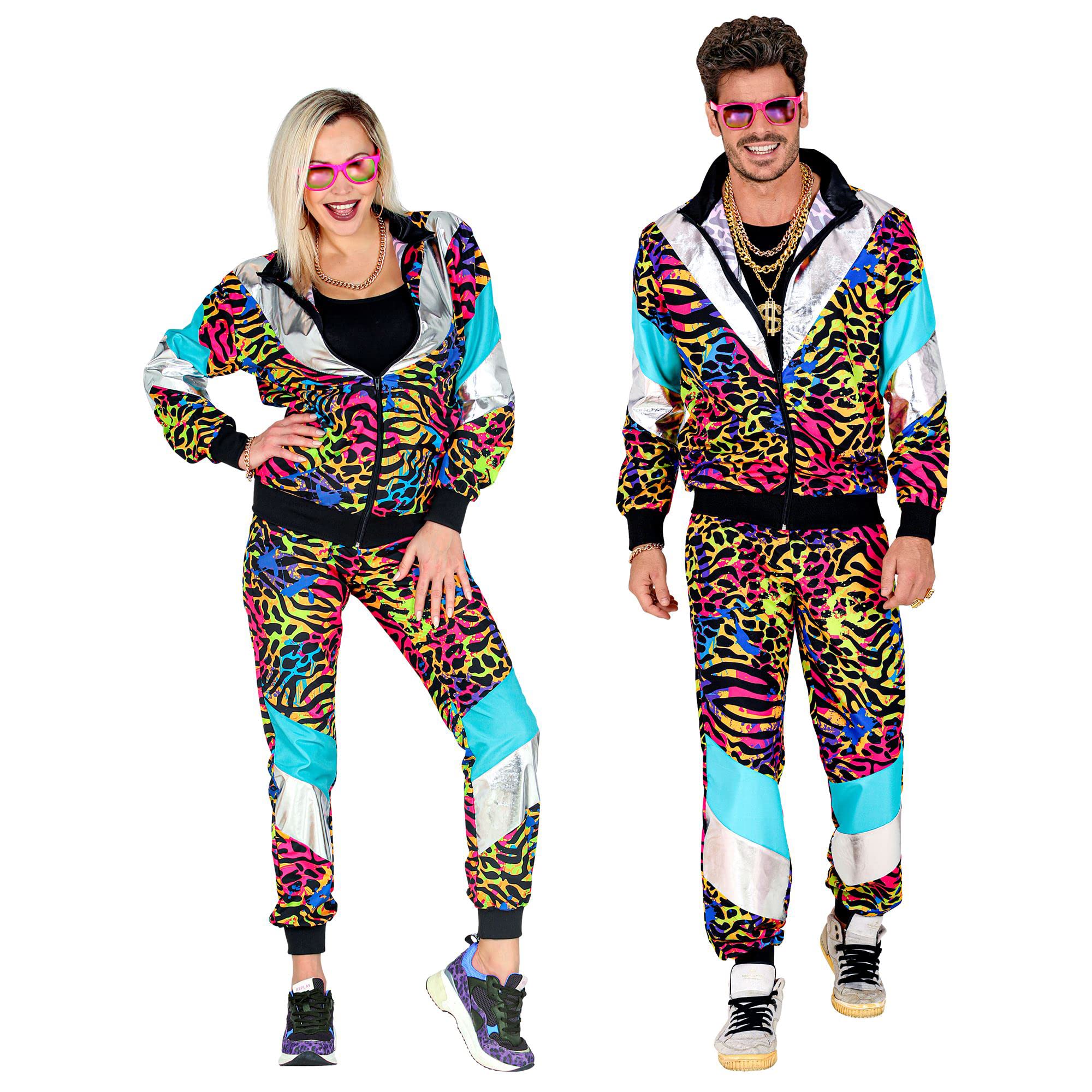 WIDMANN 11773 Costume 80s Tracksuit, Jacket and Trousers, Animal Print, Jogging Suit, Retro Style, Bad Taste Party, Carnival, Multicoloured, L