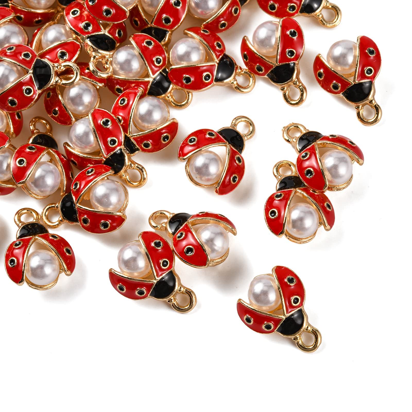 Airssory 100 Pcs Enamel Ladybug Charms Mini Flying Animal Ladybirds Beetle Insect Charm with Faux Pearl Bulk for Jewelry Making DIY Findings