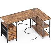 Huuger L Shaped Office Desk with Power Outlets, 47 Inch Computer Desk with 3 Drawers, Shelves, for Gaming, Corner Work, Home Office, Study, Rustic Brown